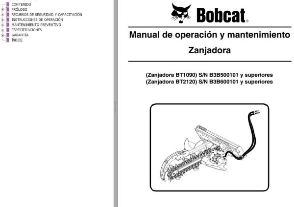Bobcat Trencher BT1090 BT2120 Operation Maintenance Manual 6990977 ES