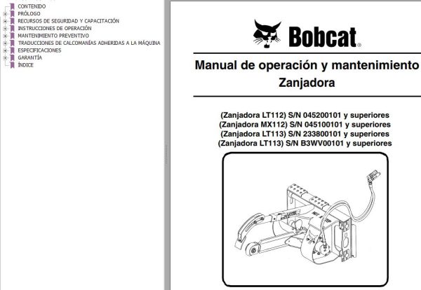 Bobcat Trencher LT112 MX112 LT113 Operation Maintenance Manual 6902550 ES