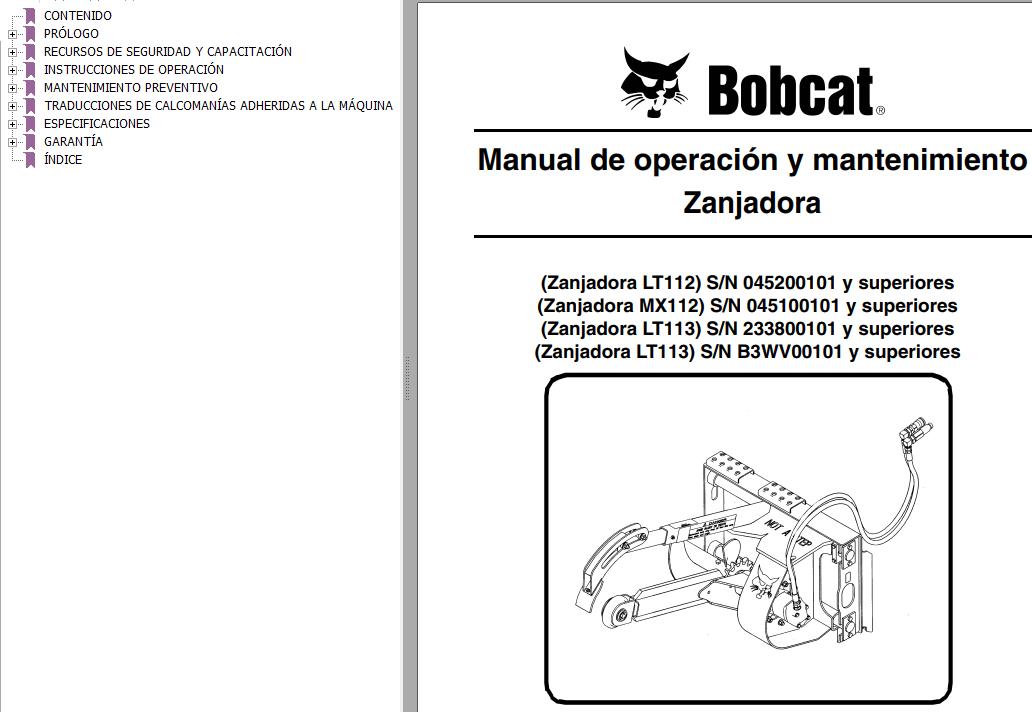 Bobcat Trencher LT112 MX112 LT113 Operation Maintenance Manual 6902550 ES