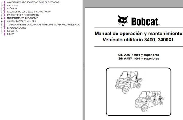 Bobcat Utility Vehicle 3400 3400XL Operation Maintenance Manual ES