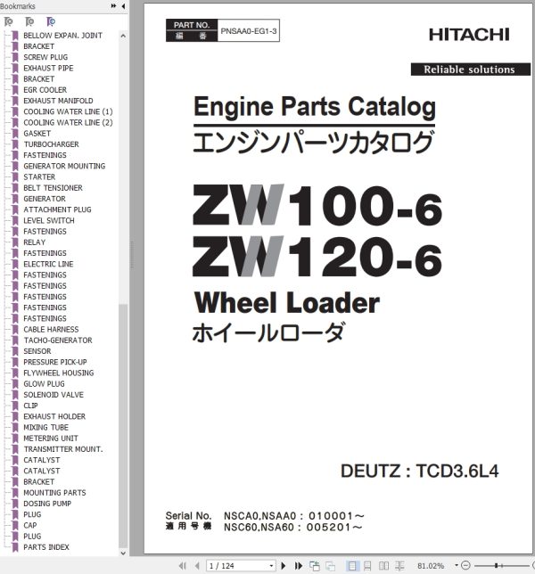 Hitachi Wheel Loader ZW100 6 Parts Catalog EN JP