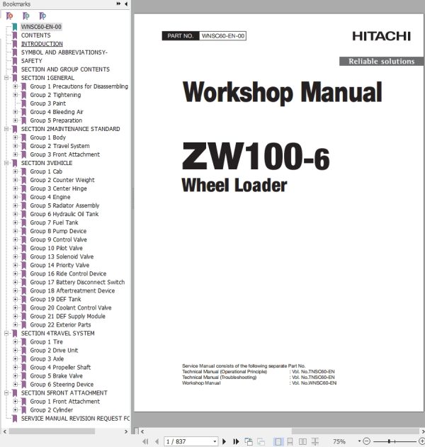 Hitachi Wheel Loader ZW100 6 Workshop Manual WNSC60 EN 00
