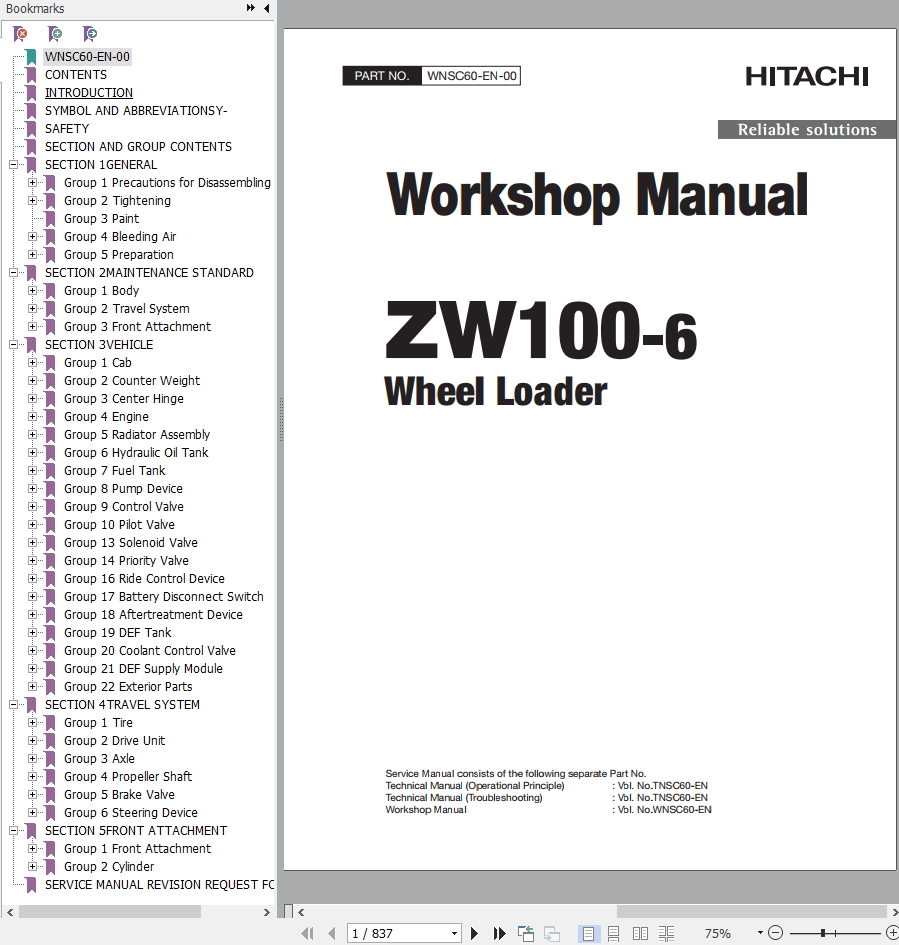 Hitachi Wheel Loader ZW100 6 Workshop Manual WNSC60 EN 00