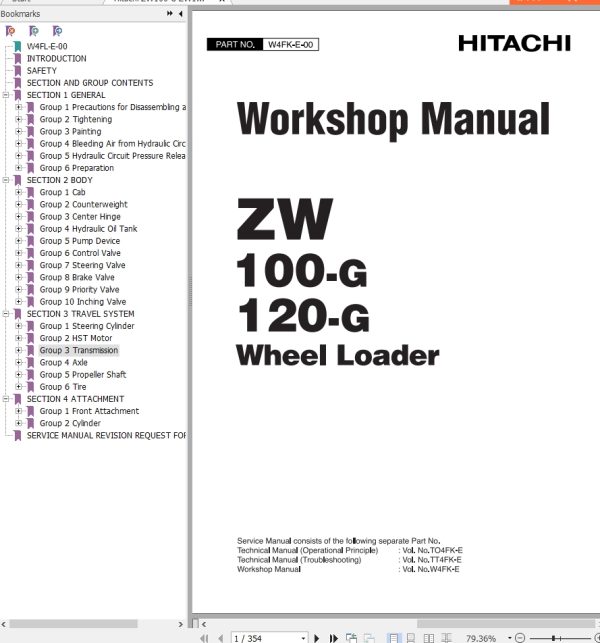 Hitachi Wheel Loader ZW100 G Workshop Manual W4FK E 00