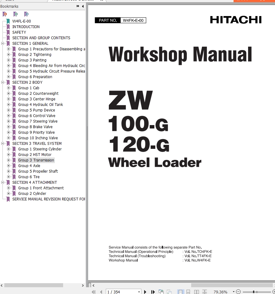 Hitachi Wheel Loader ZW100 G Workshop Manual W4FK E 00