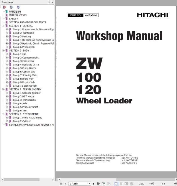 Hitachi Wheel Loader ZW100 Workshop Manual W4FJ E 00