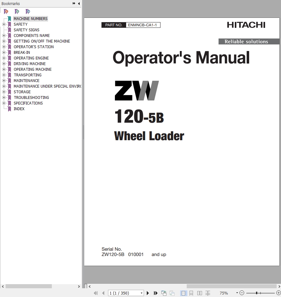 Hitachi Wheel Loader ZW120 5B Operators Manual ENMNCB CA1 1