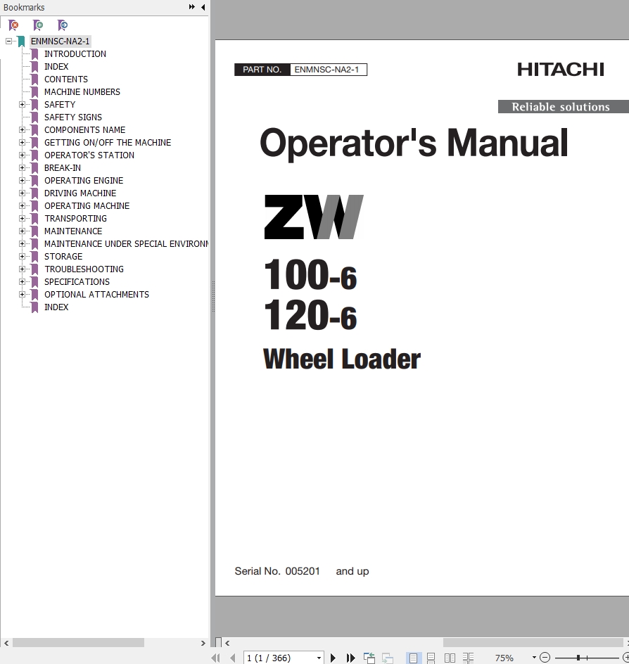 Hitachi Wheel Loader ZW120 6 Operators Manual ENMNSC NA2 1