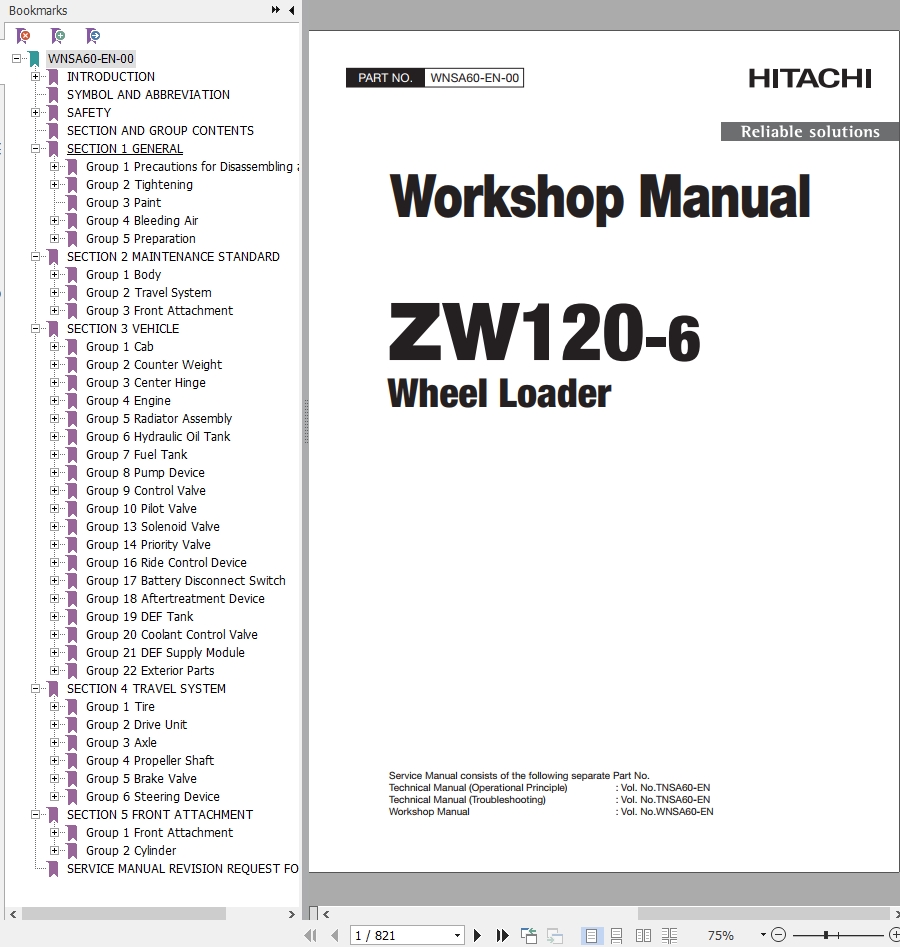 Hitachi Wheel Loader ZW120 6 Workshop Manual WNSA60 EN 00