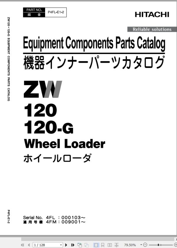 Hitachi Wheel Loader ZW120 G Equipment Components Parts Catalog P4FL E1 2 EN JP