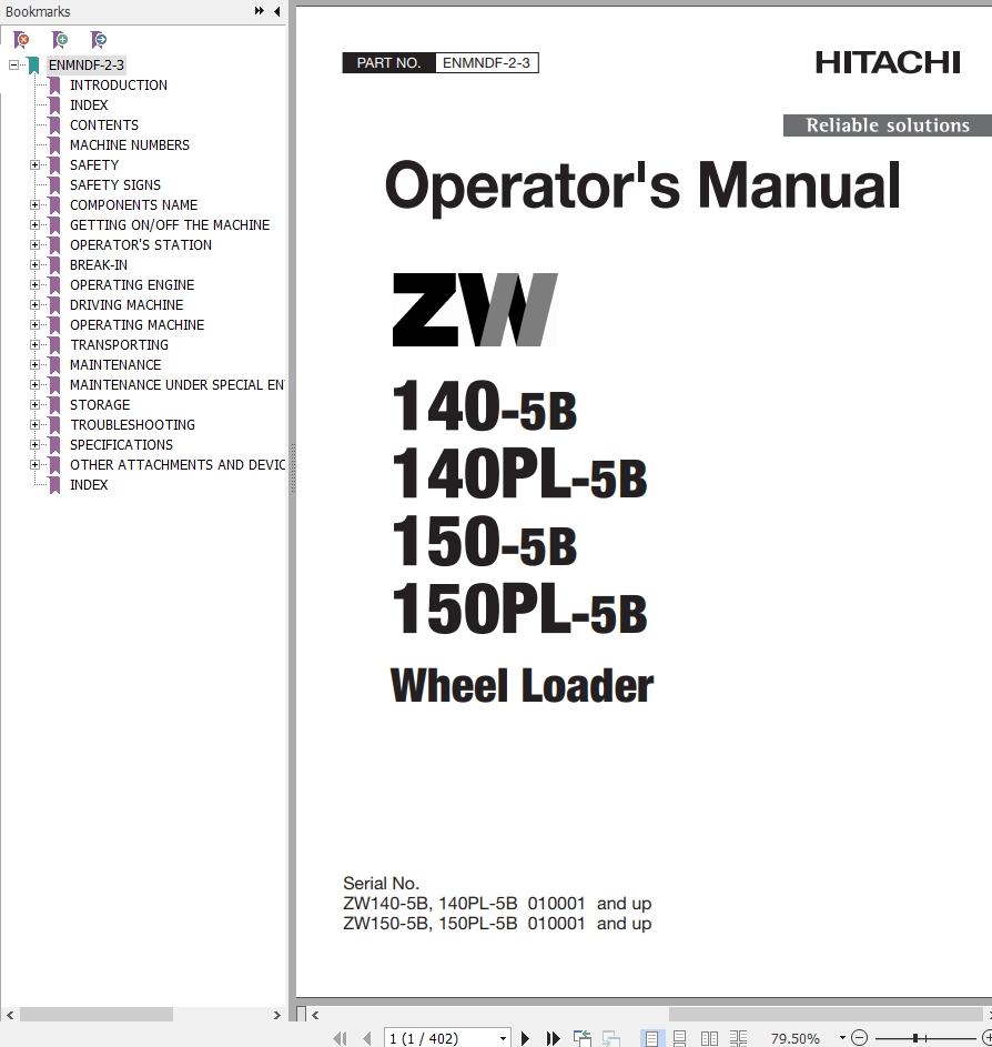 Hitachi Wheel Loader ZW140 5B Operators Manual