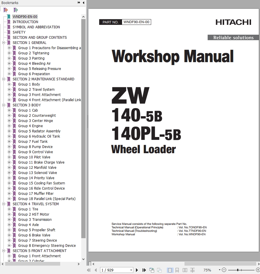 Hitachi Wheel Loader ZW140 5B Workshop Manual