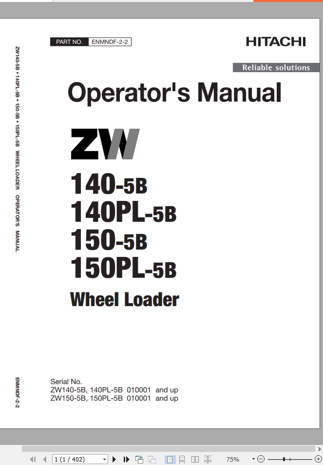 Hitachi Wheel Loader ZW140PL 5B Operators Manual