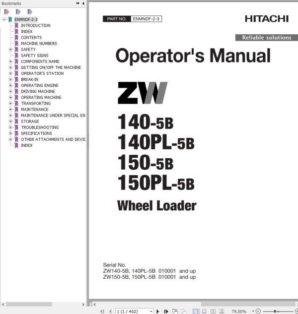 Hitachi Wheel Loader ZW150PL 5B Operators Manual