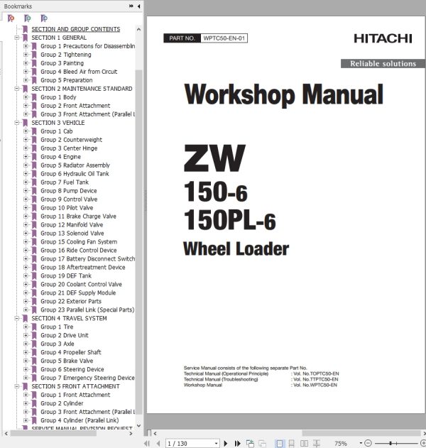 Hitachi Wheel Loader ZW150PL 6 Workshop Manual WPTC50 EN 01