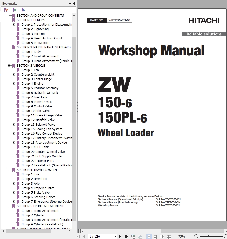 Hitachi Wheel Loader ZW150PL 6 Workshop Manual WPTC50 EN 01