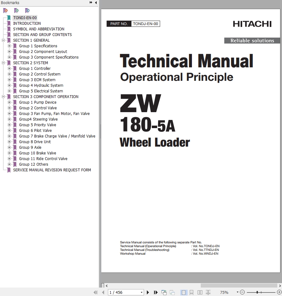 Hitachi Wheel Loader ZW180 5A Technical Manual