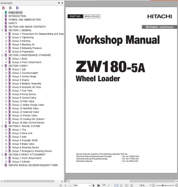 Hitachi Wheel Loader ZW180 5A Workshop Manual WNDJ EN 00