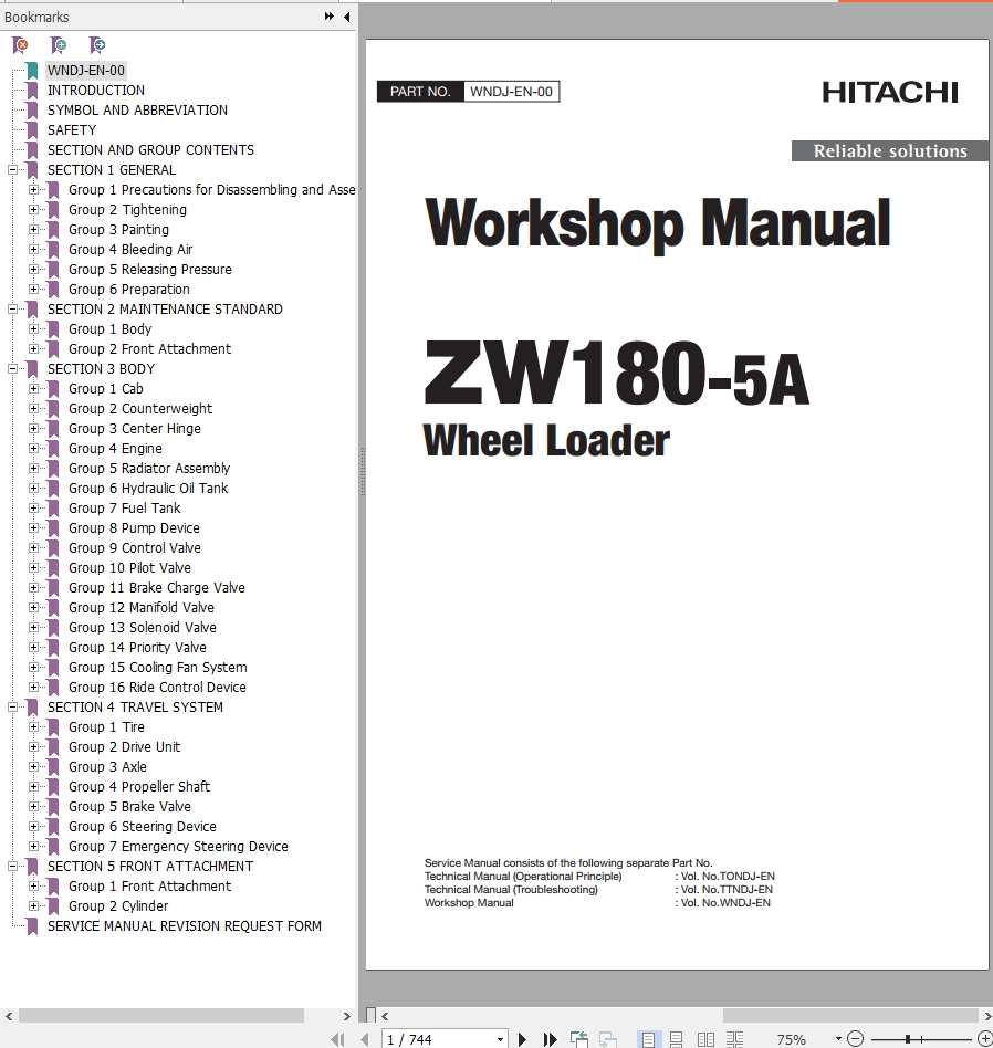 Hitachi Wheel Loader ZW180 5A Workshop Manual WNDJ EN 00