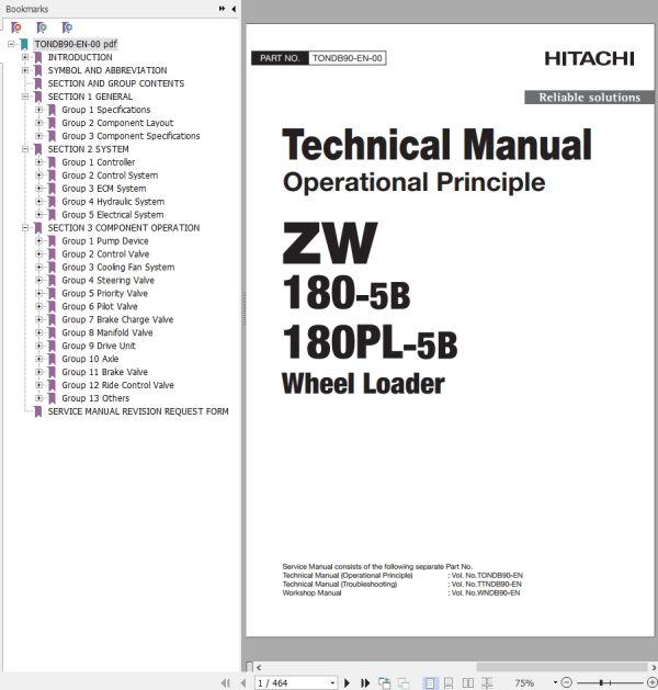 Hitachi Wheel Loader ZW180 5B Technical Manual