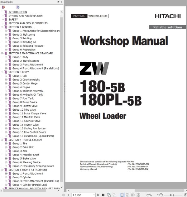 Hitachi Wheel Loader ZW180 5B Workshop Manual
