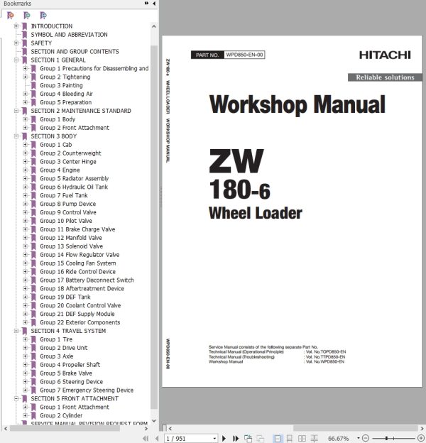 Hitachi Wheel Loader ZW180 6 Workshop Manual