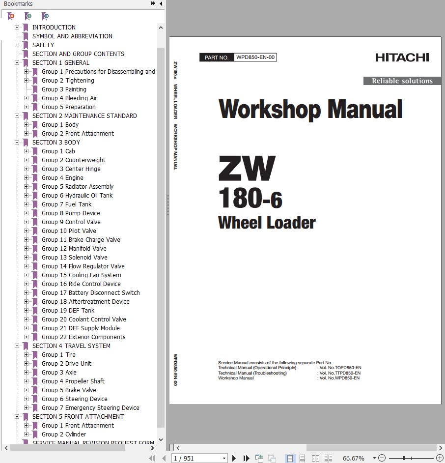 Hitachi Wheel Loader ZW180 6 Workshop Manual