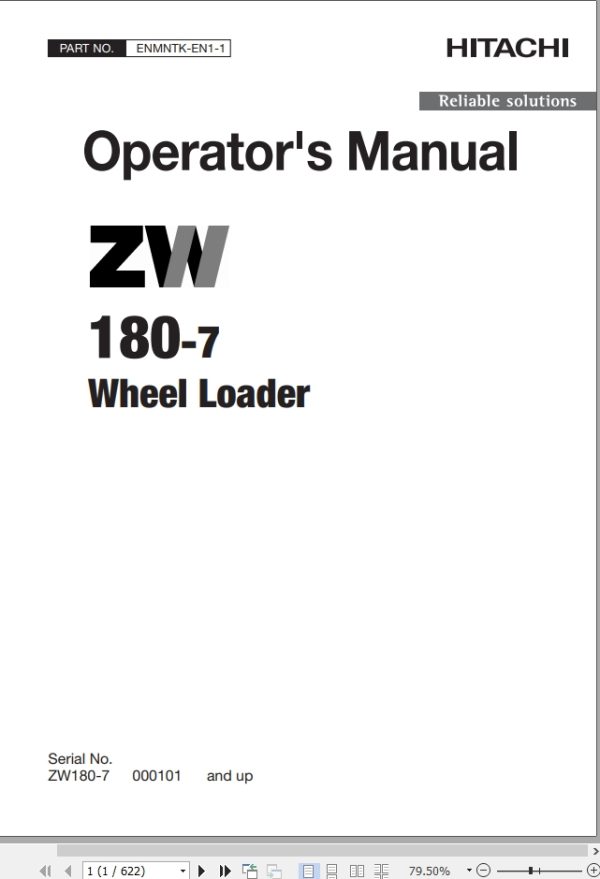 Hitachi Wheel Loader ZW180 7 Operators Manual ENMNTK EN1 1