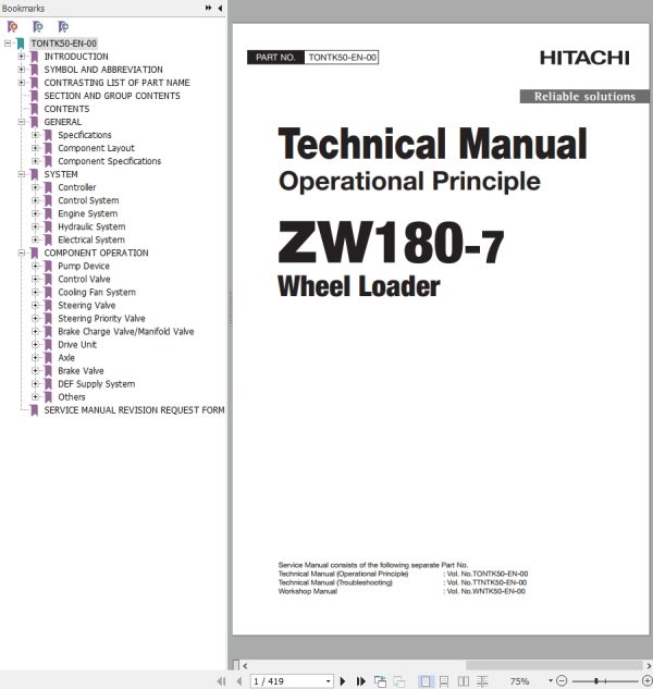 Hitachi Wheel Loader ZW180 7 Technical Manual