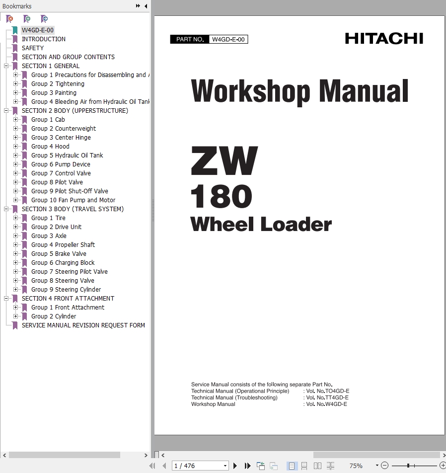 Hitachi Wheel Loader ZW180 Workshop Manual W4GD E 00