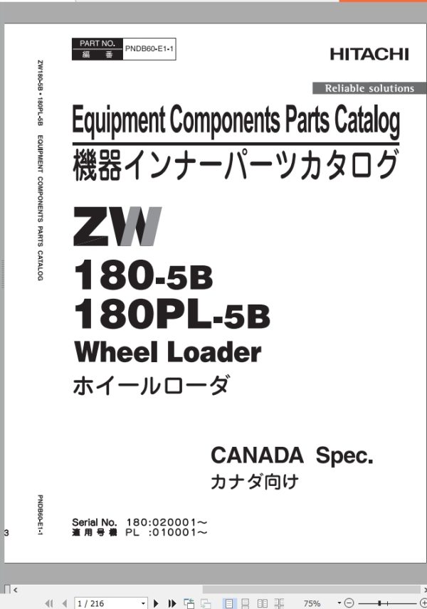 Hitachi Wheel Loader ZW180PL 5B Parts Catalog EN JP