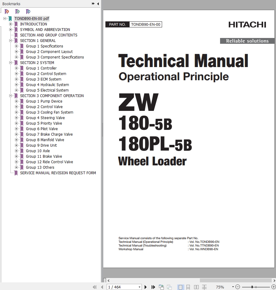 Hitachi Wheel Loader ZW180PL 5B Technical Manual