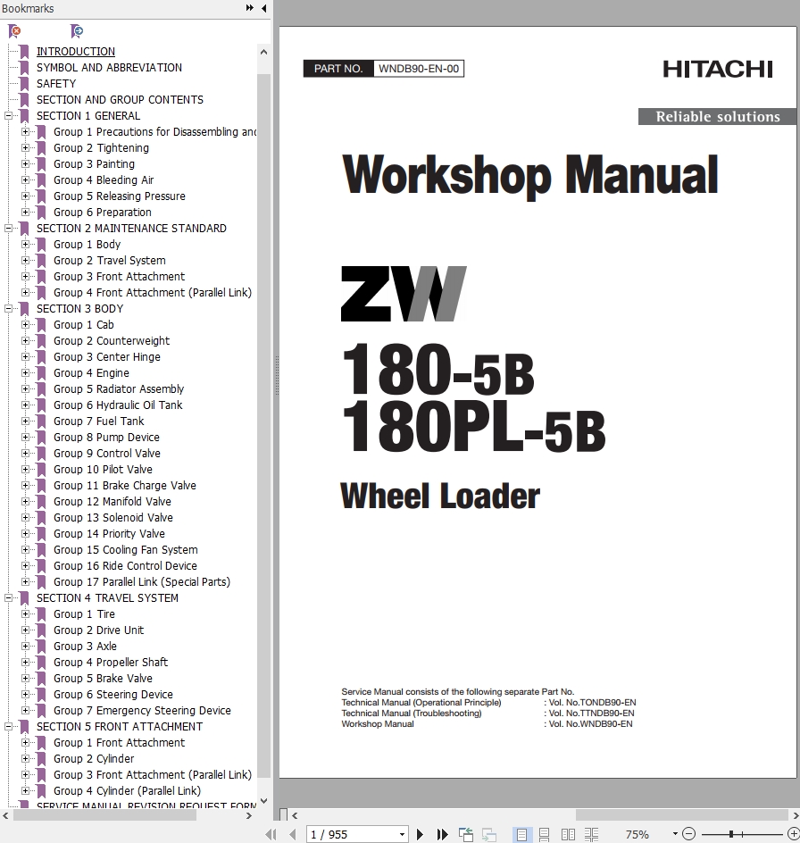 Hitachi Wheel Loader ZW180PL 5B Workshop Manual