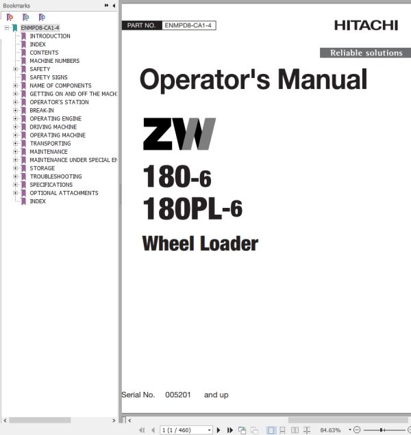 Hitachi Wheel Loader ZW180PL 6 Operators Manual ENMPD8 CA1 4