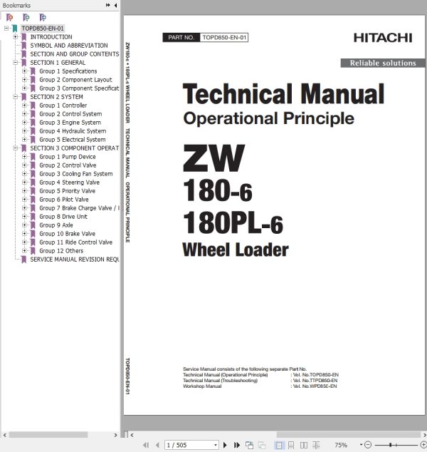 Hitachi Wheel Loader ZW180PL 6 Technical Manual