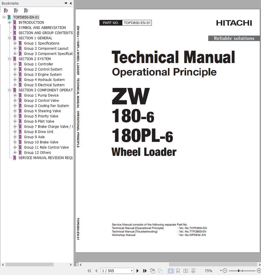 Hitachi Wheel Loader ZW180PL 6 Technical Manual