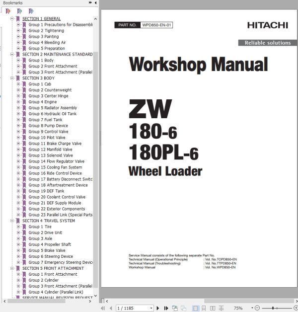 Hitachi Wheel Loader ZW180PL 6 Workshop Manual WPD850 EN 01