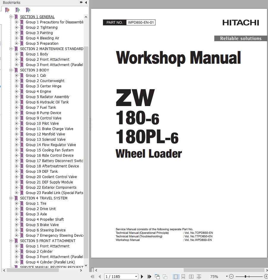 Hitachi Wheel Loader ZW180PL 6 Workshop Manual WPD850 EN 01