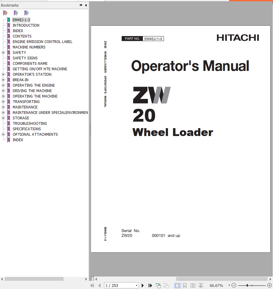 Hitachi Wheel Loader ZW20 Operators Manual EM4EJ 1 3