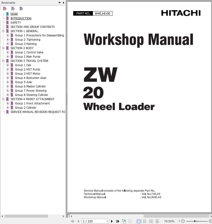 Hitachi Wheel Loader ZW20 Workshop Manual W4EJ E 00 1