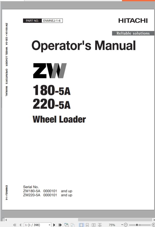 Hitachi Wheel Loader ZW220 5A Operators Manual