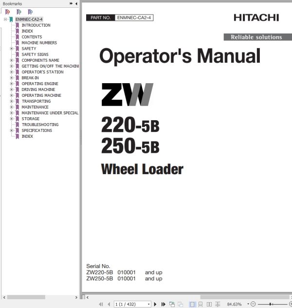 Hitachi Wheel Loader ZW220 5B Operators Manual ENMNEC CA2 4