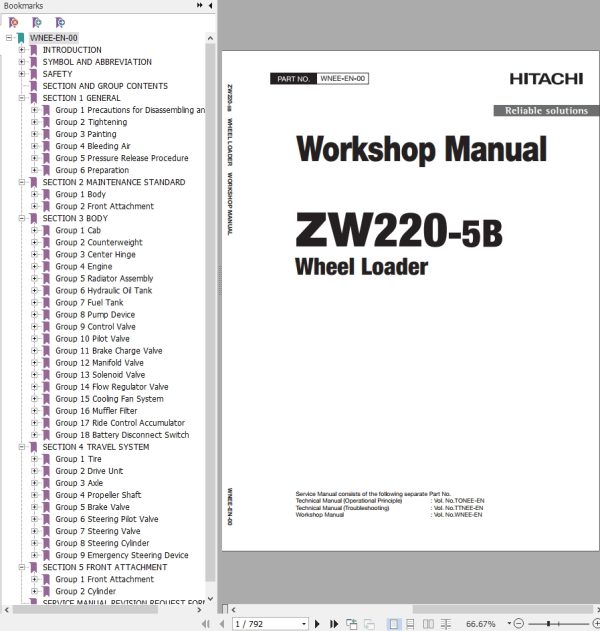 Hitachi Wheel Loader ZW220 5B Workshop Manual WNEE EN 00