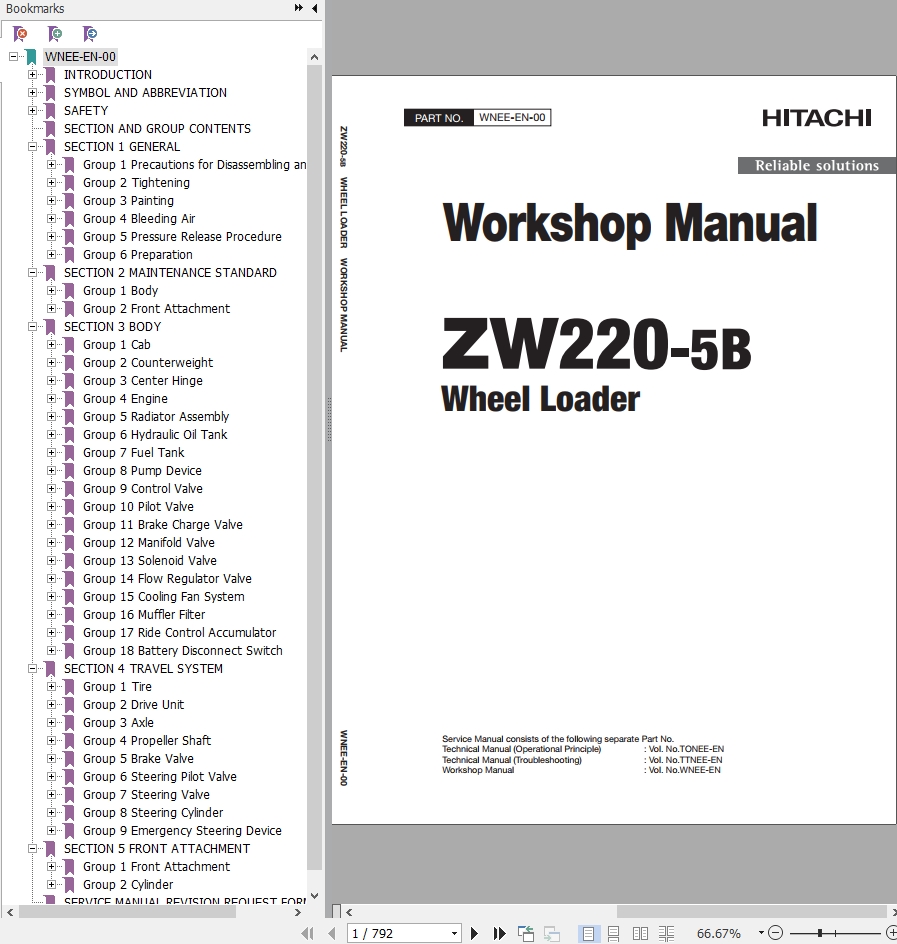 Hitachi Wheel Loader ZW220 5B Workshop Manual WNEE EN 00