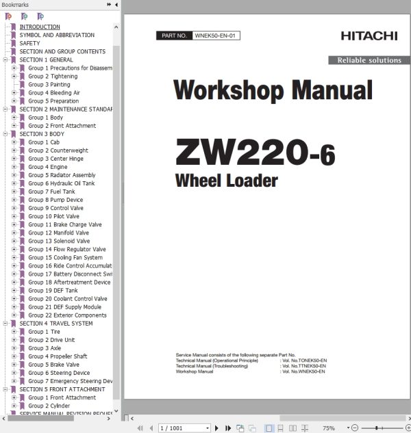 Hitachi Wheel Loader ZW220 6 Workshop Manual WNEK50 EN 01