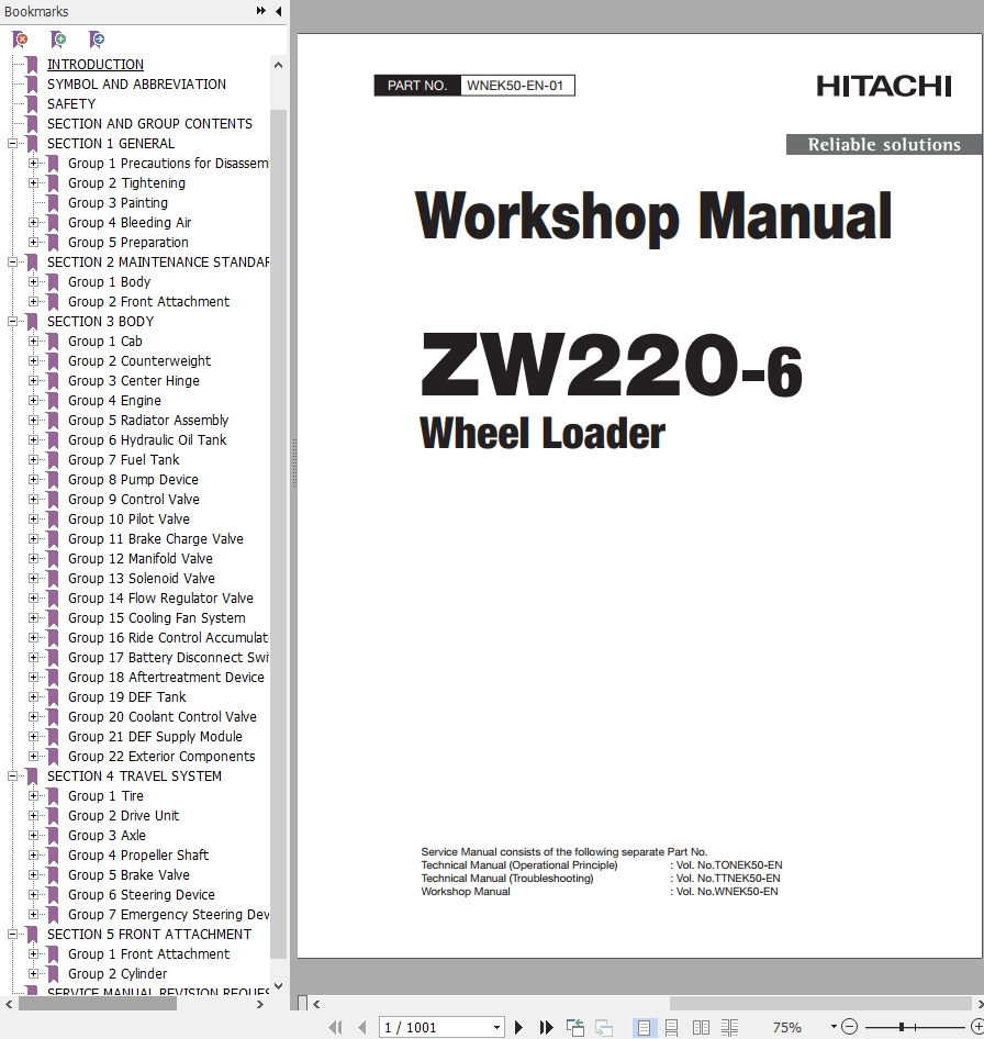 Hitachi Wheel Loader ZW220 6 Workshop Manual WNEK50 EN 01