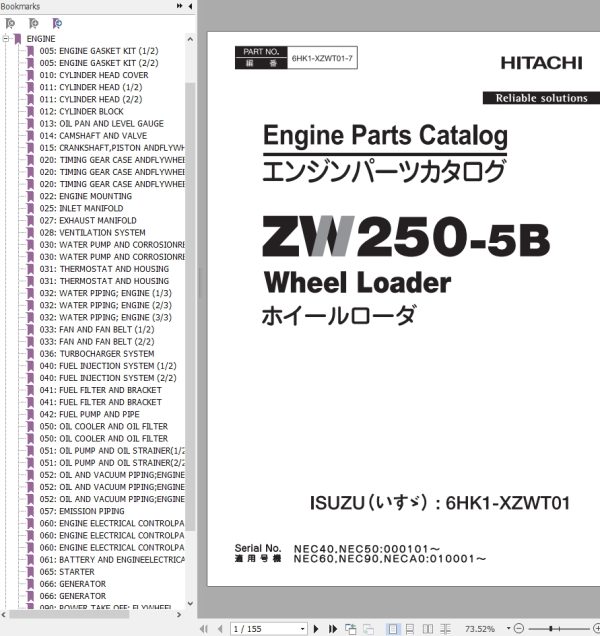 Hitachi Wheel Loader ZW250 5B Parts Catalog EN JP