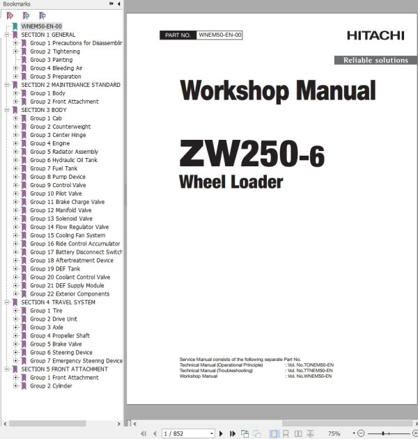 Hitachi Wheel Loader ZW250 6 Workshop Manual