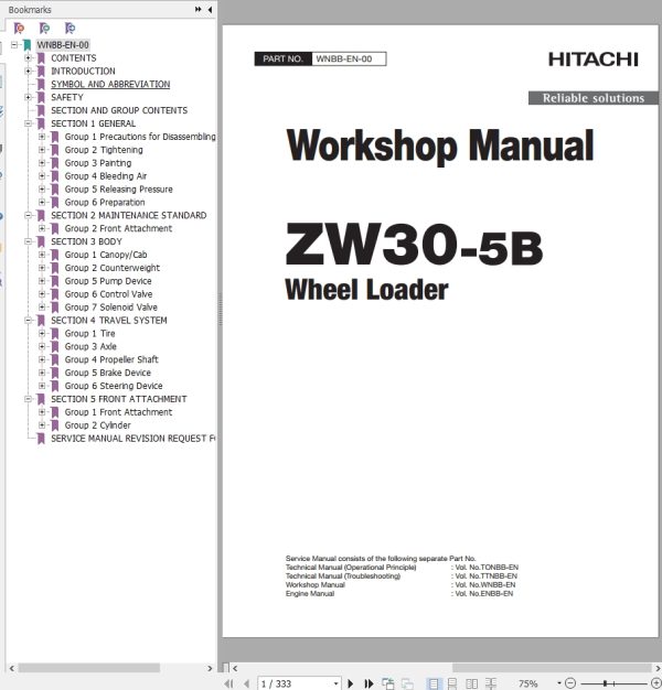 Hitachi Wheel Loader ZW30 5B Workshop Manual WNBB EN 00