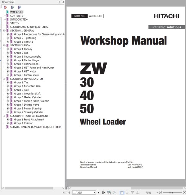 Hitachi Wheel Loader ZW30 Workshop Manual W4EK E 01